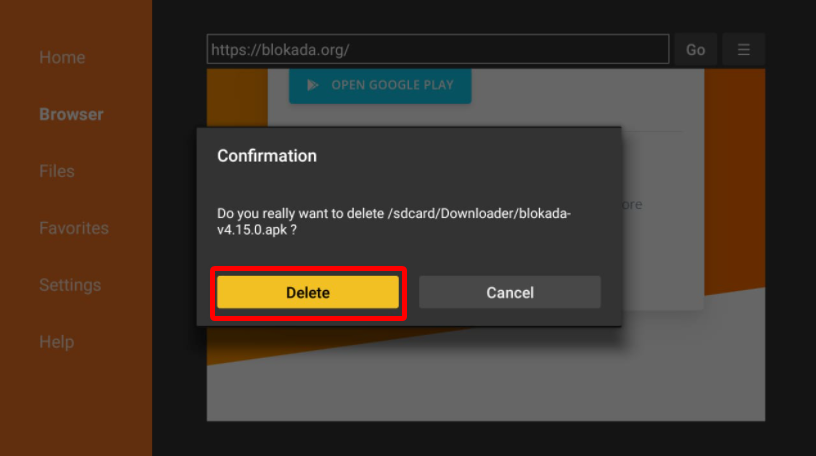 Downloader Browser Blokada app apk files, Delete confirmation pop-up