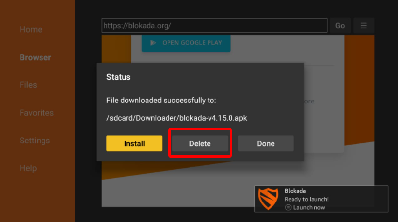 Downloader Browser Blokada app apk files, Delete highlighted