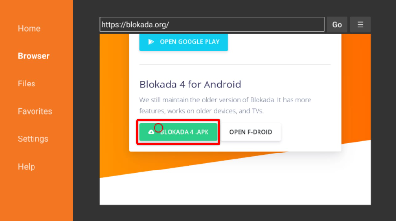 Downloader Browser loaded with Blokada 4 APK highlighted