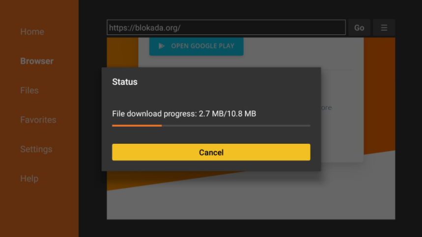 Downloader Browser loaded with Blokada download progress status