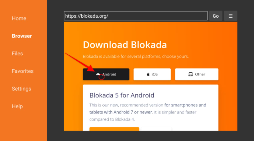 Downloader Browser loaded with Blokada website, Android highlighted