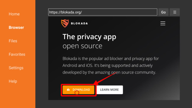 Downloader Browser loaded with Blokada website, select Download