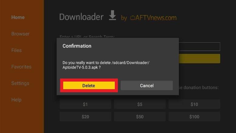 Downloader app, ShowBox URL deleting APK confirmation prompt