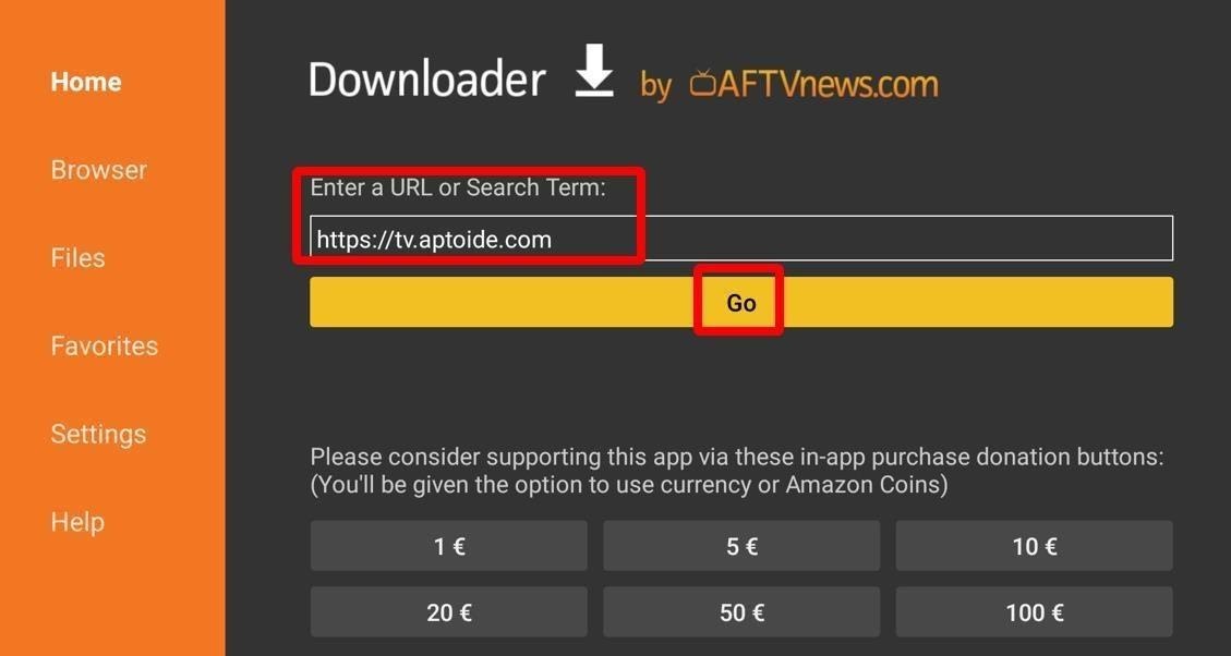 Downloader app add URL of tv.aptoide