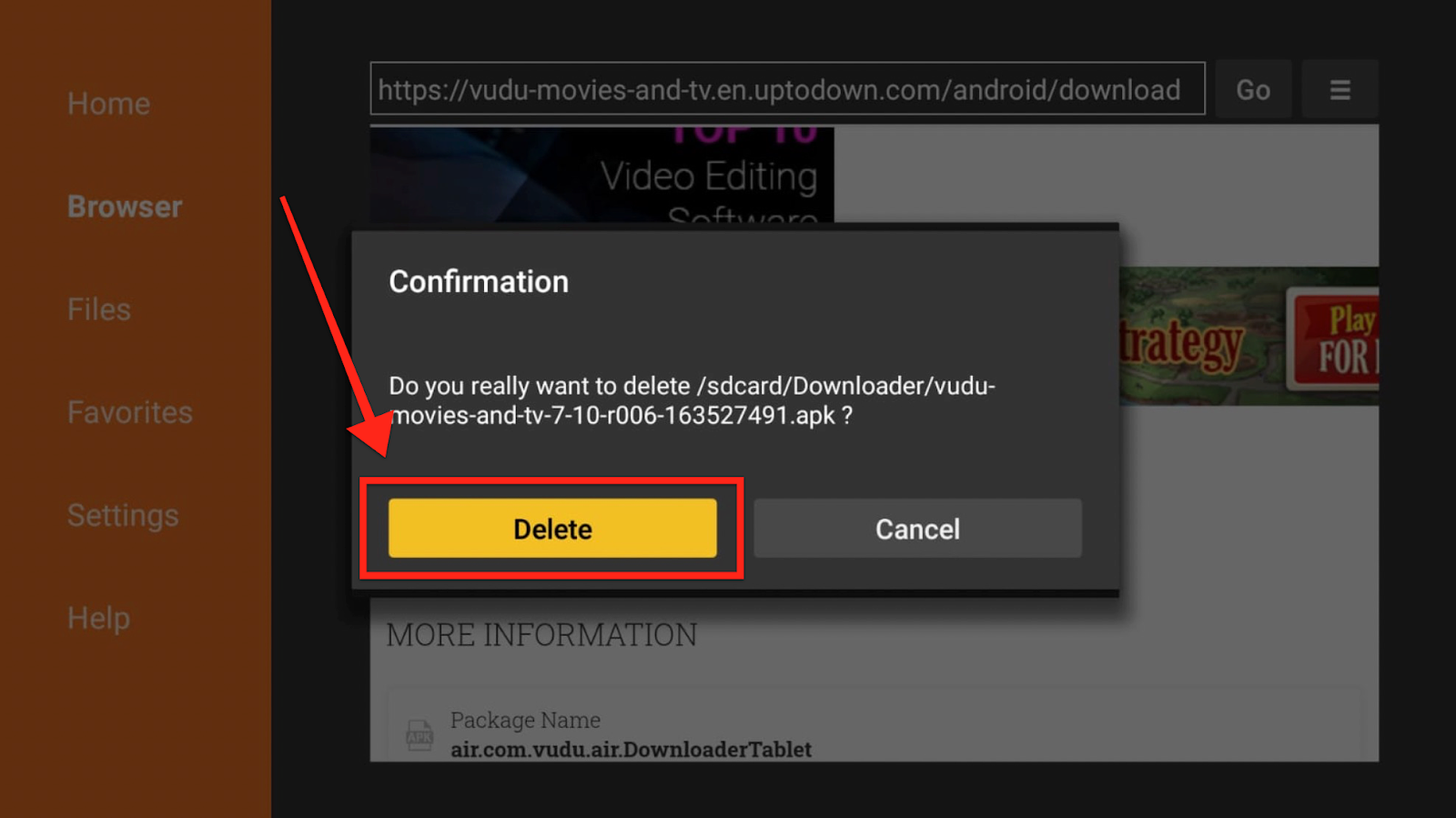 Downloader app, delete Vudu apk files confirmation pop-up