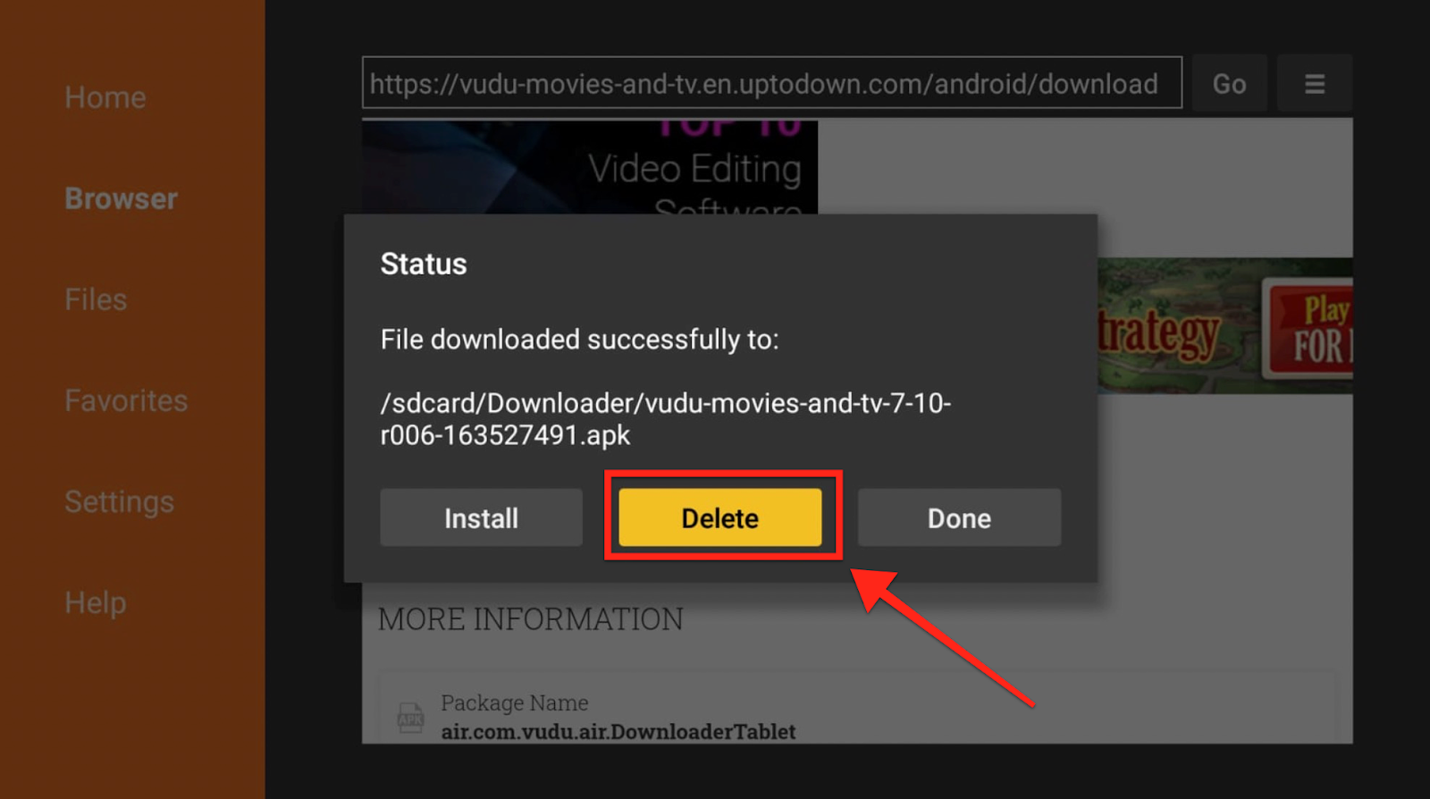 Downloader app, delete Vudu apk files pop-up