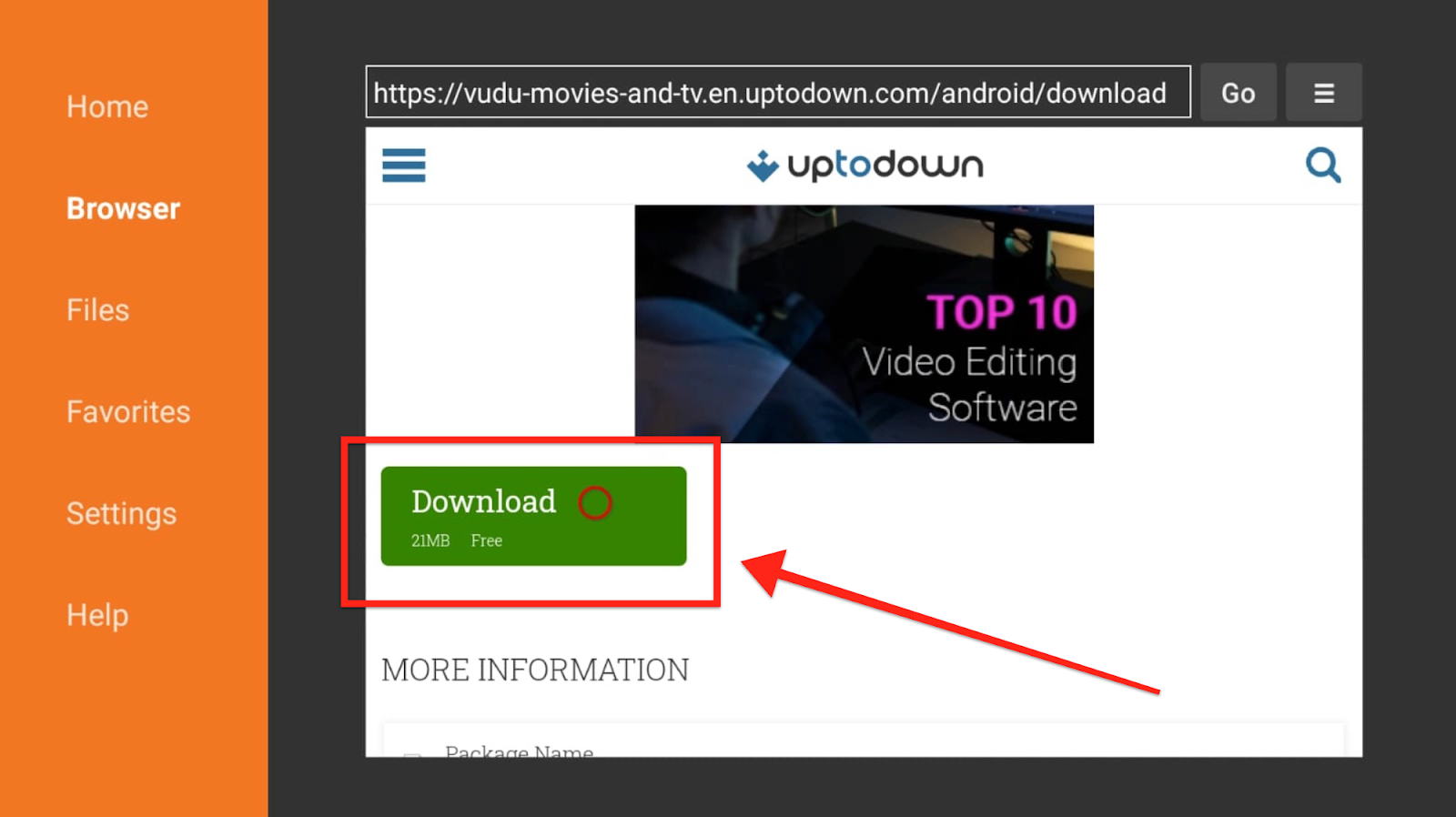 Downloader app interface click the VUDU download Icon