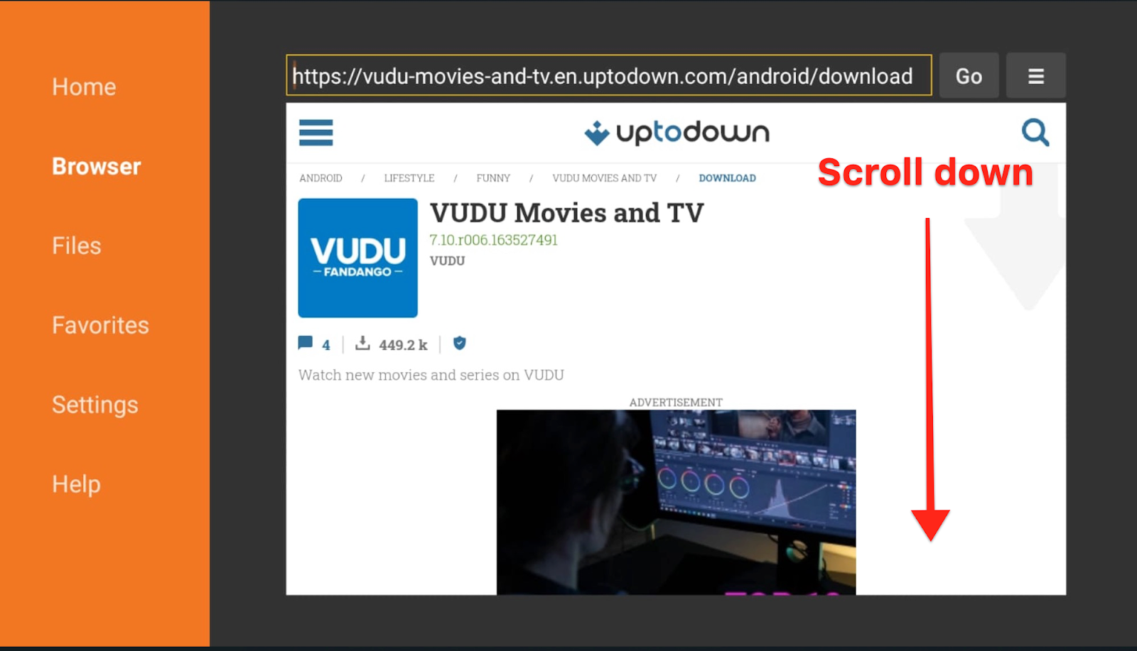 Downloader app interface scroll down to select the VUDU Icon