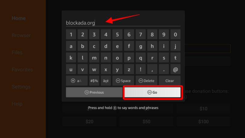 Downloader app keyboard blokada.org typed in