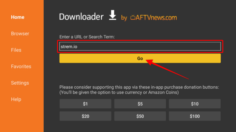 Downloader app screen, adding strem.io URL