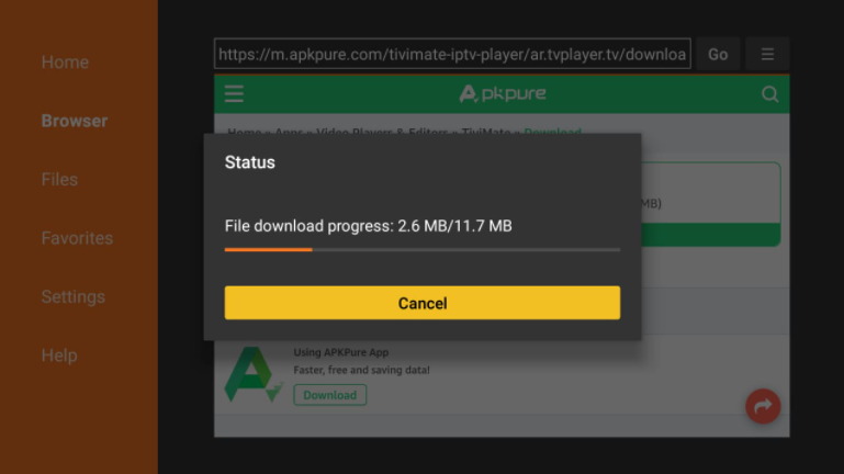 Downloader browser Tivimate IPTV Player downloading status