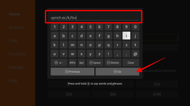 Downloader keyboard with tivi URL highlighted