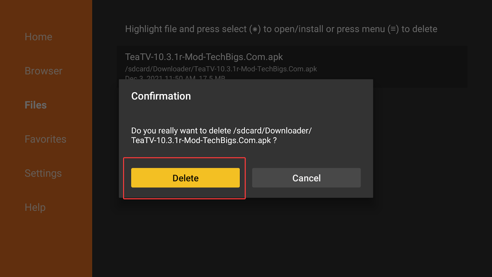 Downloader screen the Techbigs.TeaTV app apk file delete confirmation