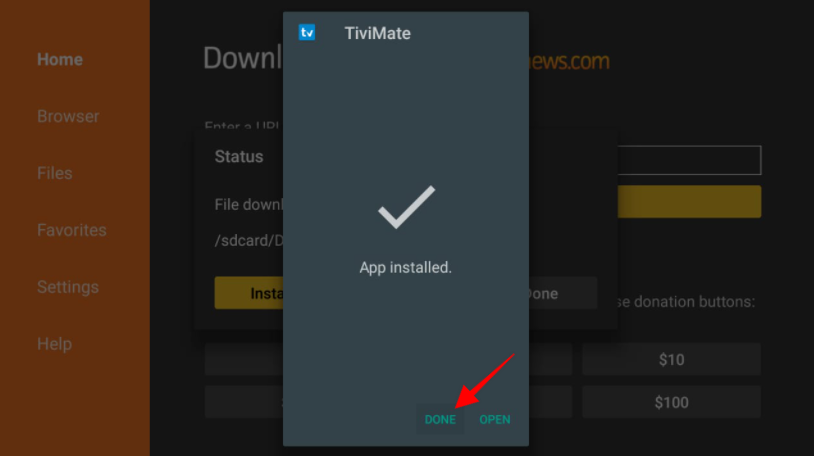 Dwnloader browser Tivimate IPTV Player installing done popup