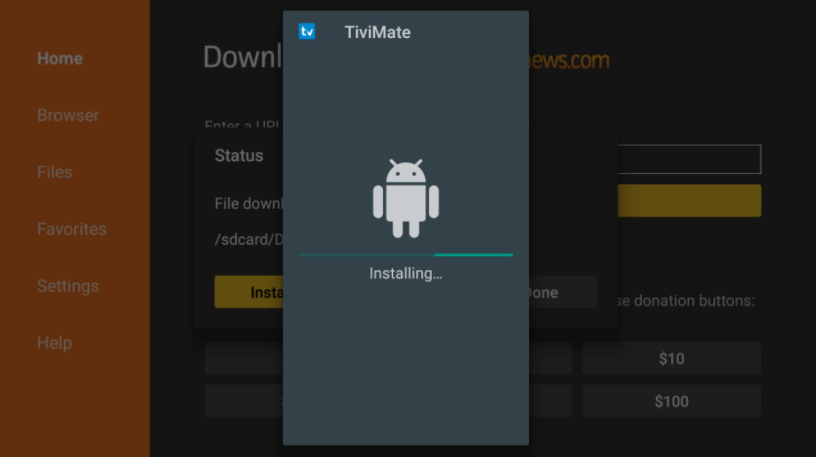 Dwnloader browser Tivimate IPTV Player installing status popup