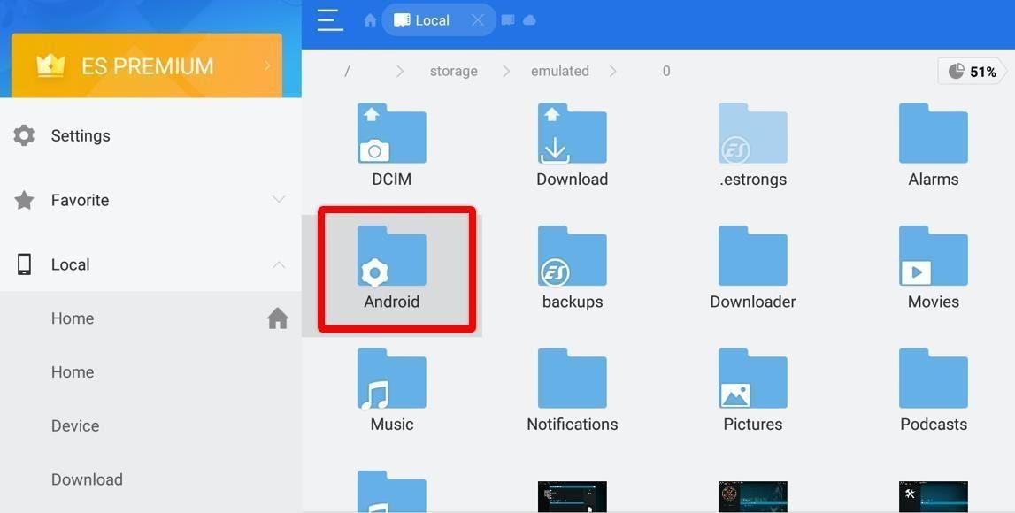 ES File Explorer app Android folder highlighted