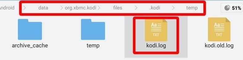 ES File Explorer app Android folder kodi.log file highlighted