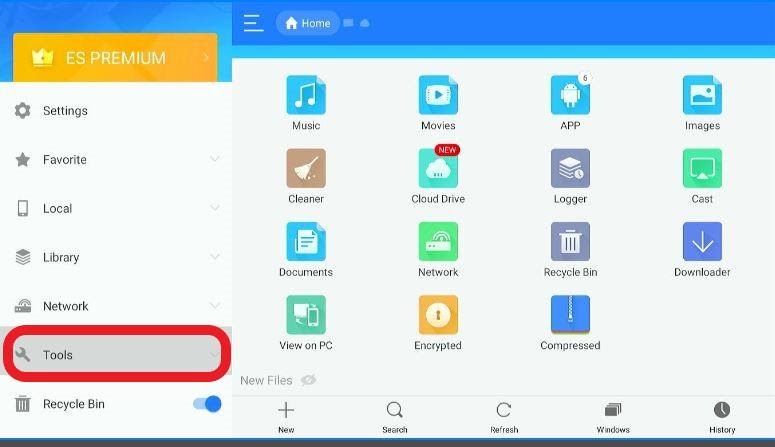 ES File Explorer app Download Manager screen, Tools menu highlighted