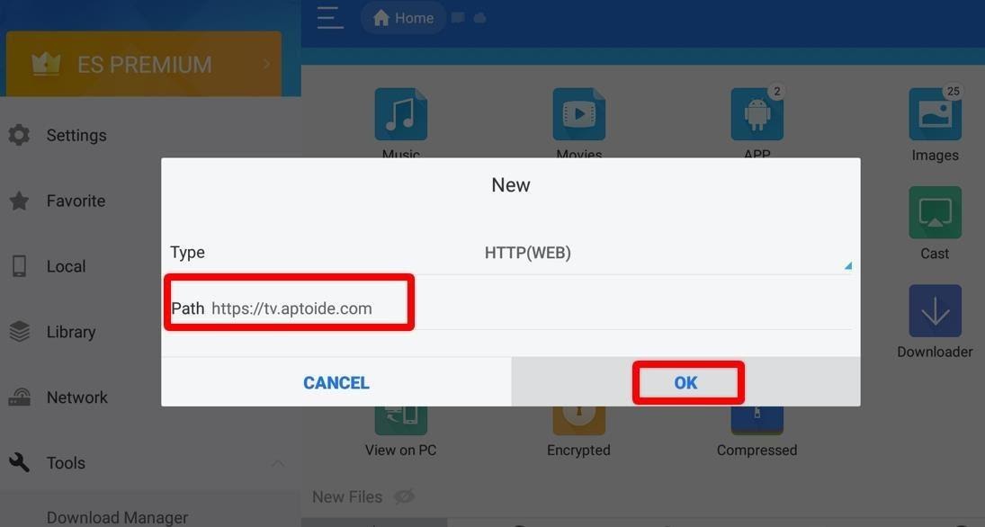 ES File Explorer app Download dialogue window tv aptoide URL highlighted