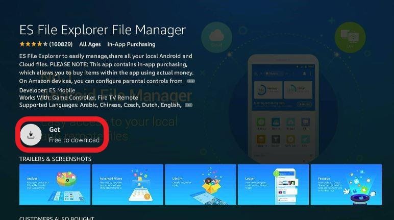 ES File Explorer app Get button highlighted