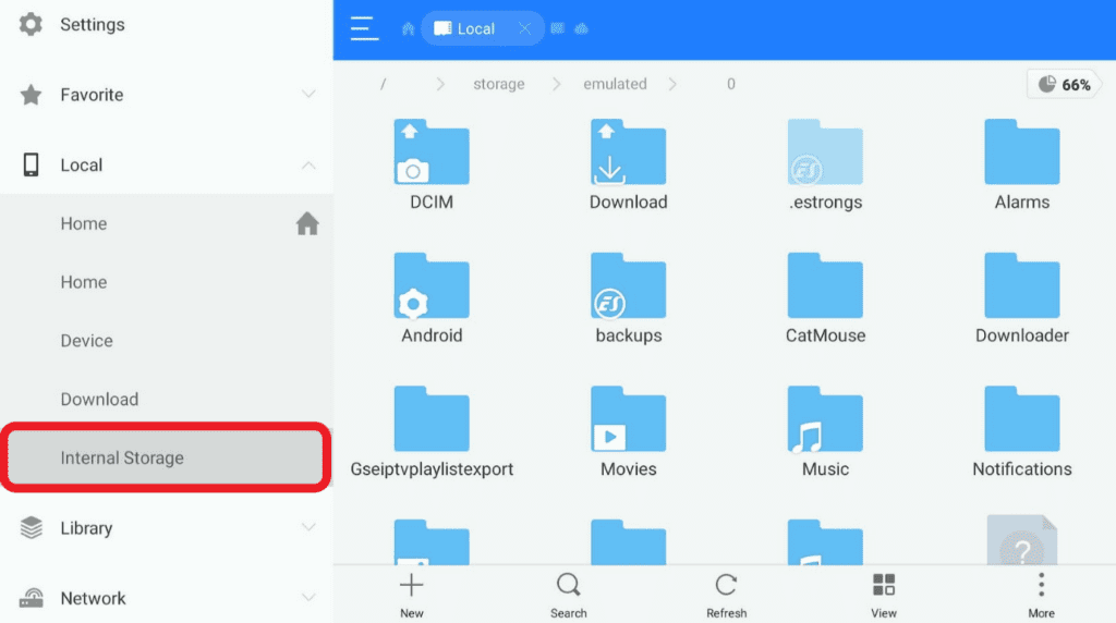 ES File Explorer app Internal Storage highlighted