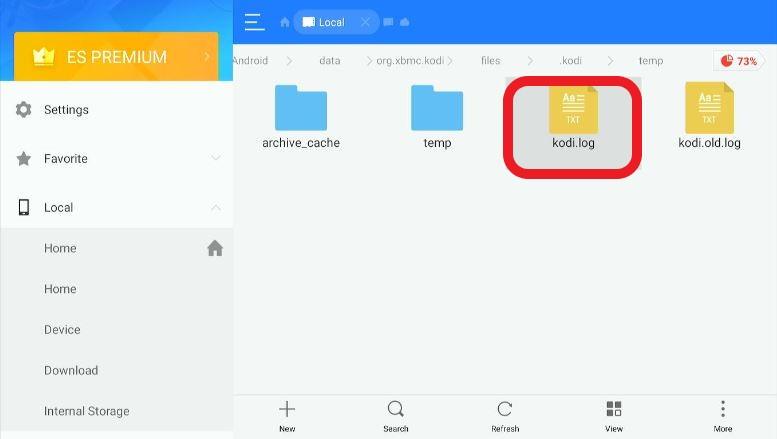 ES File Explorer app Kodi Log File Highlighted