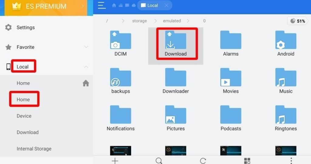 ES File Explorer app Local, Home, Download highlighted