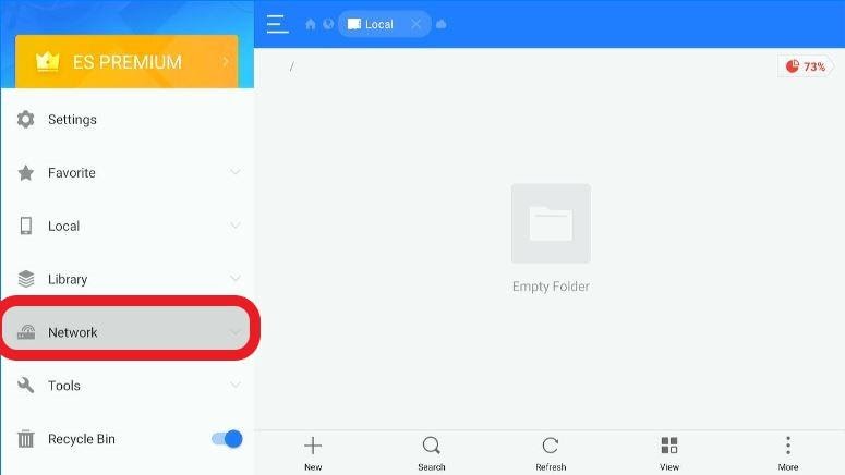 ES File Explorer app Network menu highlighted