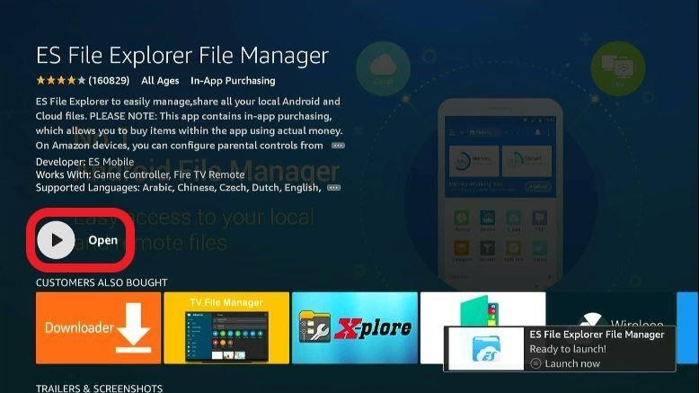 ES File Explorer app Open button highlighted