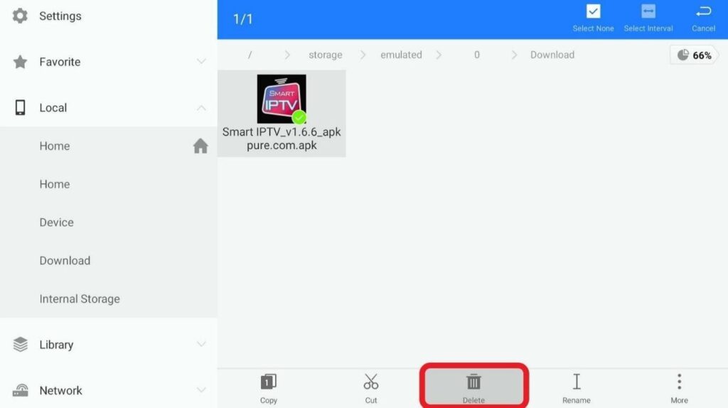 ES File Explorer app Smart IPTV APK Delete button highlighted