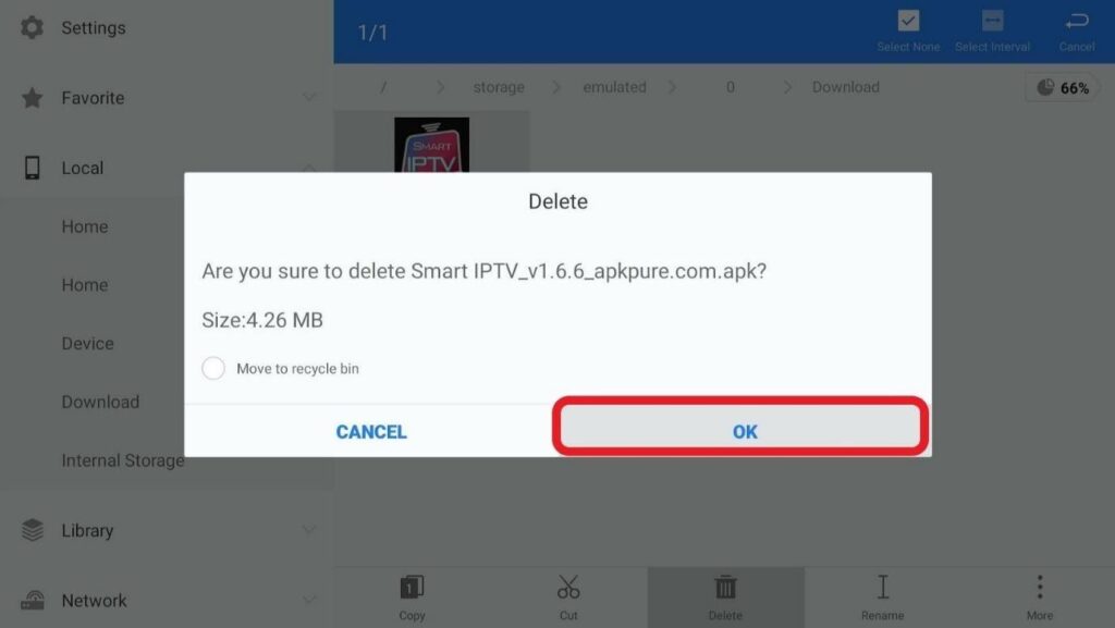 ES File Explorer app Smart IPTV APK Delete confirmation pop-up highlighted