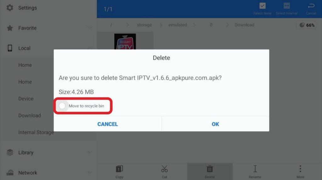 ES File Explorer app Smart IPTV APK Delete pop-up move to recycle bin highlighted