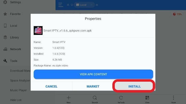 ES File Explorer app Smart IPTV APK install button highlighted