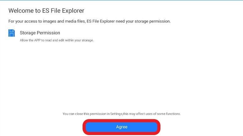 ES File Explorer app Storage Permission Agree button highlighted