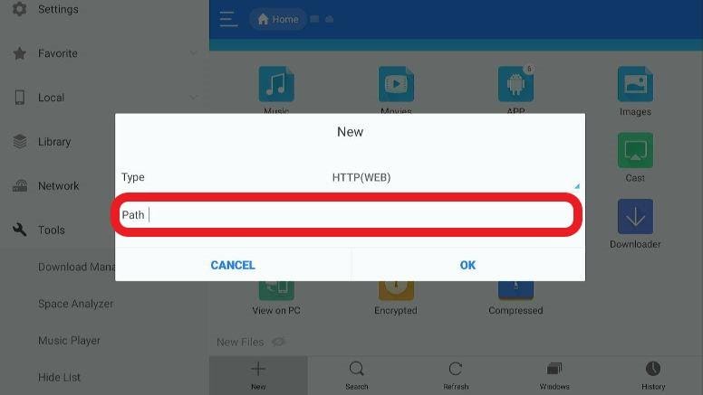 ES File Explorer app adding URL in the path box to download the APK file