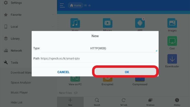 ES File Explorer app adding smart IPTV APK URL in the path box