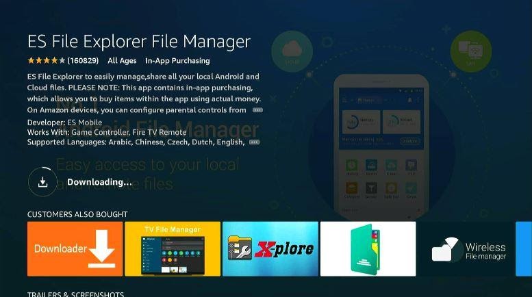 ES File Explorer app downloading status screen