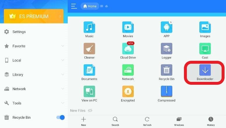 ES File Explorer app home menu Downloader highlighted