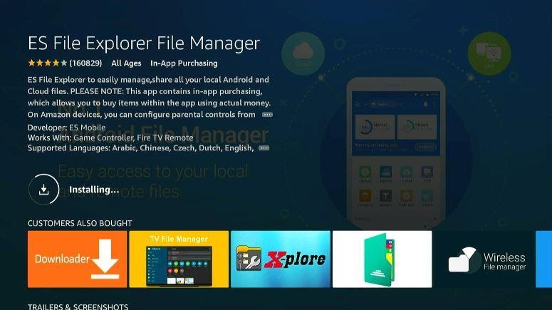 ES File Explorer app installing status screen