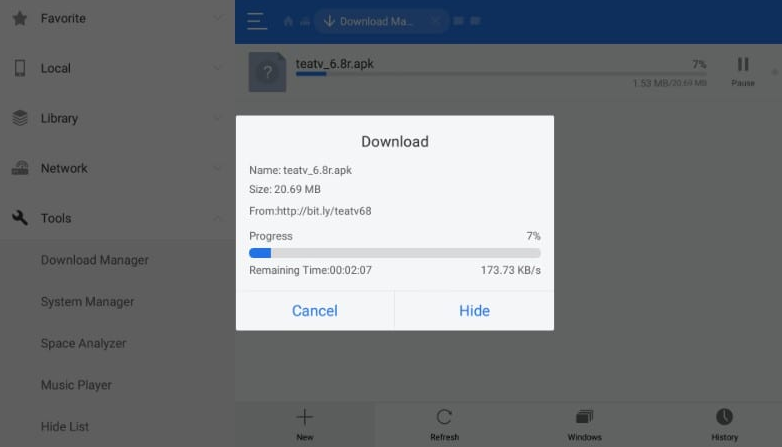 ES File Explorer app teaTV app download process