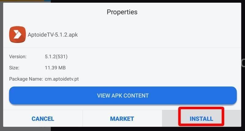 ES File Explorer app window tv aptoide apk install highlighted