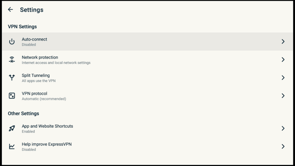 ExpressVPN Settings menu