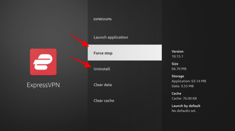 ExpressVPN screen Force stop, Uninstall highlighted