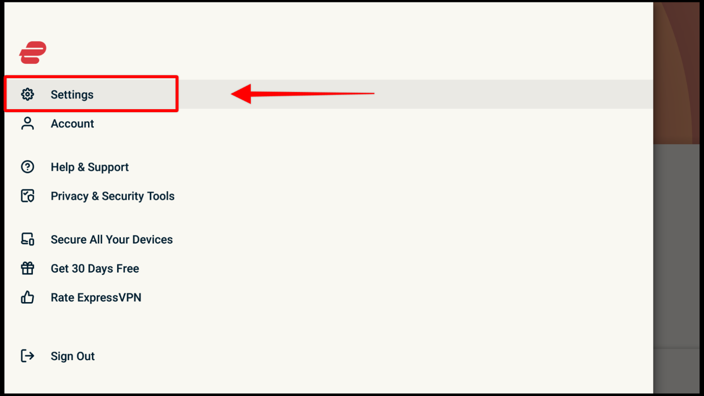 ExpressVPN’s menu with Settings highlighted