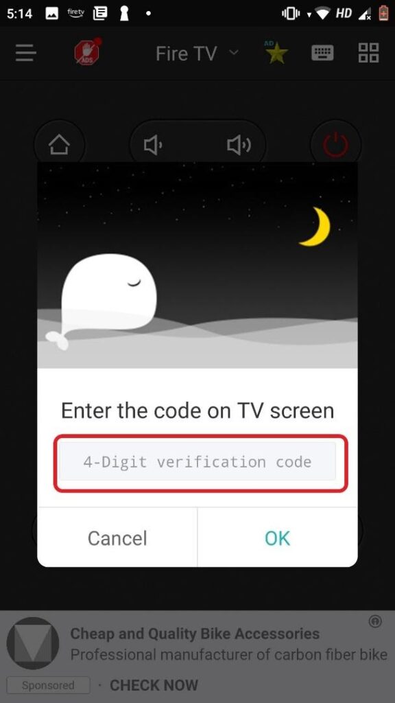 Fire TV Remote app Enter the code on TV screen highlighted