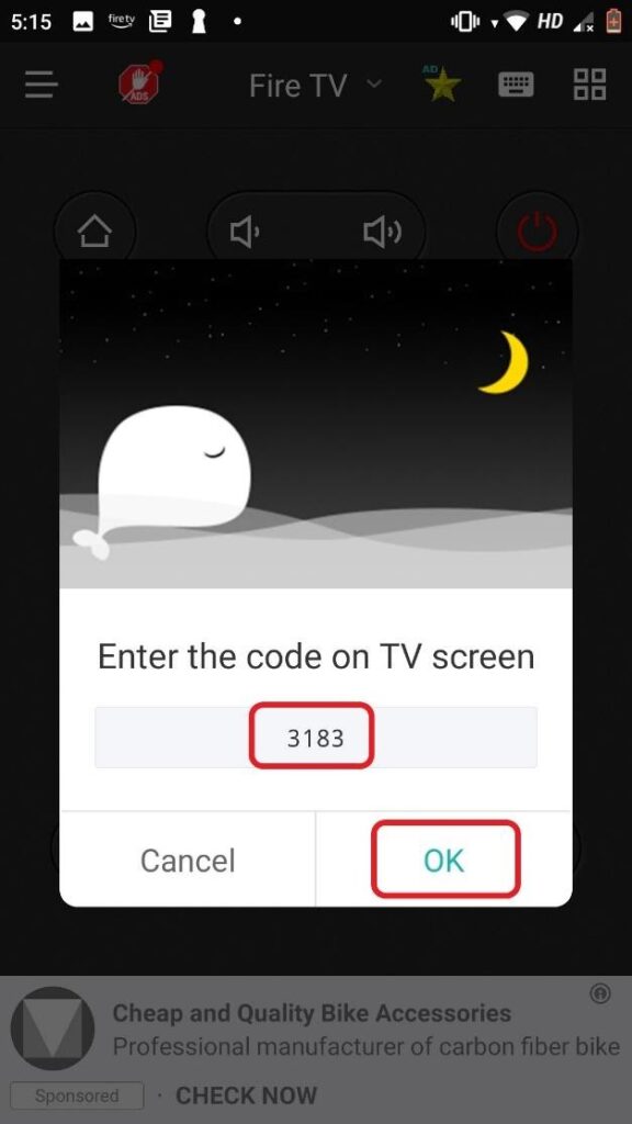 Fire TV Remote app connection screen code highlighted