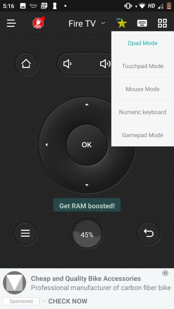 Fire TV Remote app interface mode options