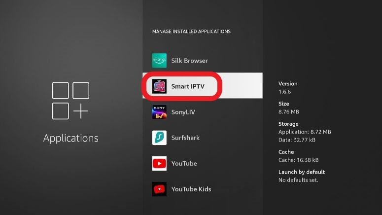 Firestick Applications screen Smart IPTV app highlighted