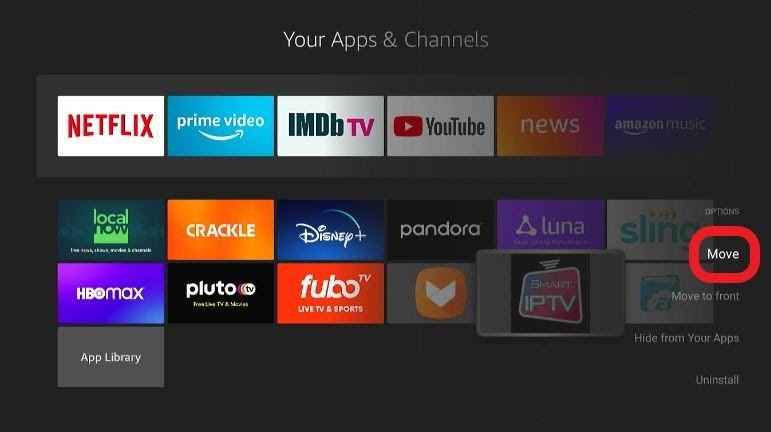 Firestick Apps & Channels section, Move menu hightlighted