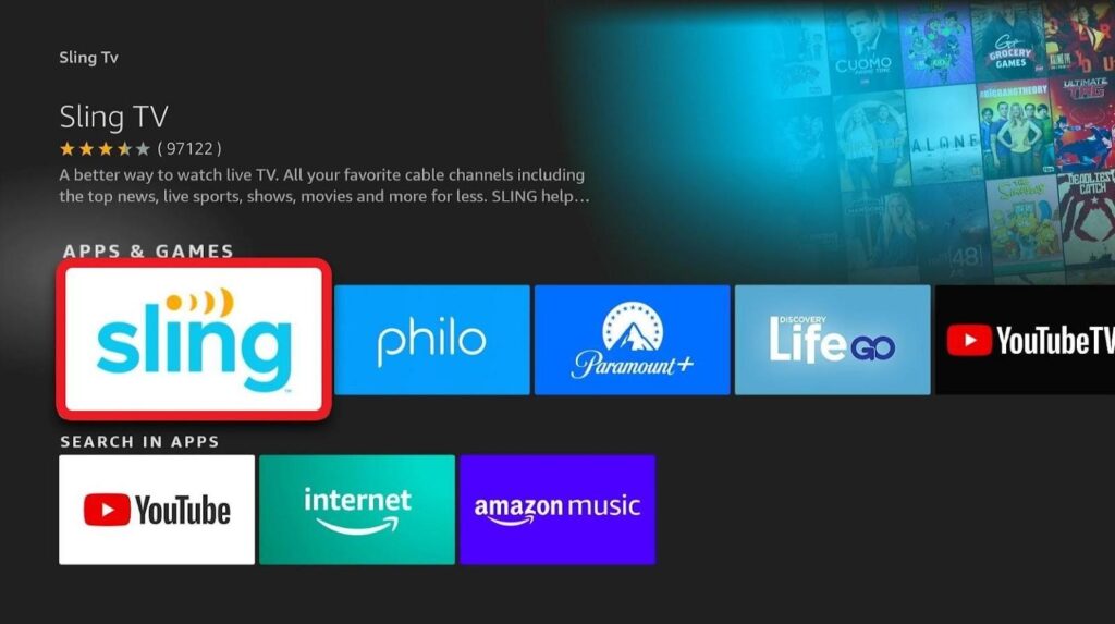 Firestick Apps & Channels section, Sling app hightlighted